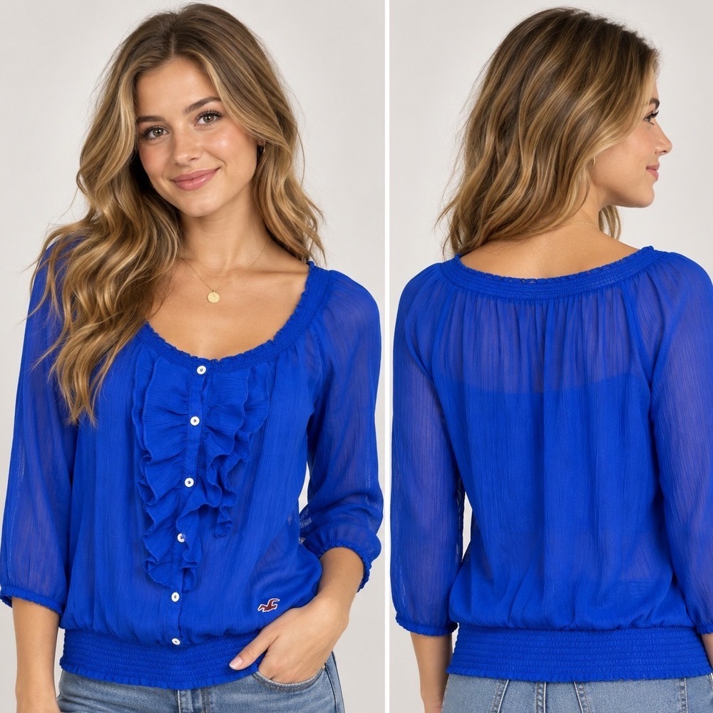 Hollister Womens Royal Blue Ruffle Front Smocked Waist Peasant Blouse Small - Picture 2 of 4
